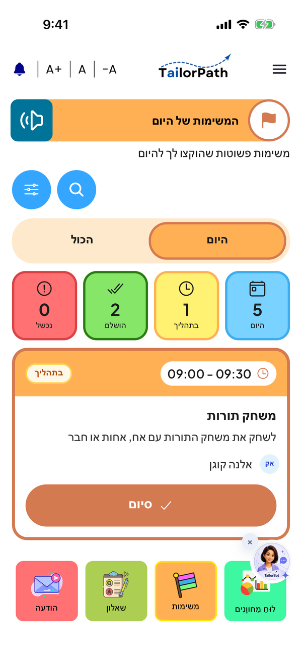 המשימות של היום בתצוגה הצבעונית (נתוני דוגמה)