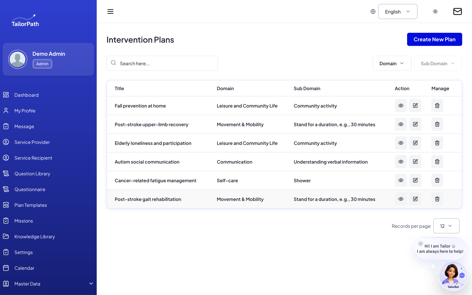 Plan templates list in the clinician web app (sample data)